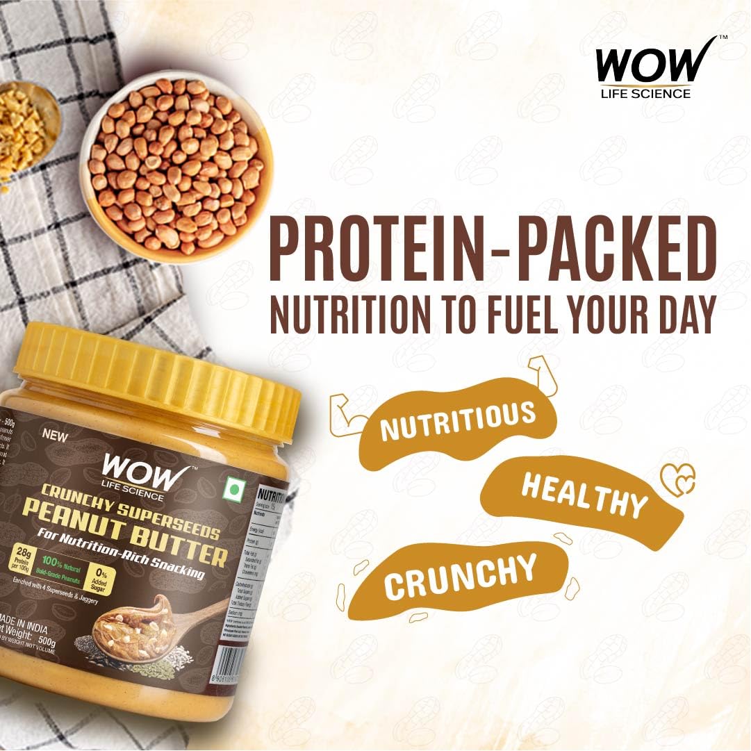 WOW Life Science - Peanut Butter with Super Seeds (Crunchy) - 500 gm | High Protein with 28g Protein per 100g | For Nutrition Rich Snacking - Weight Management, Muscle Building and Healthy Lifestyle - Image 3 thumbnail