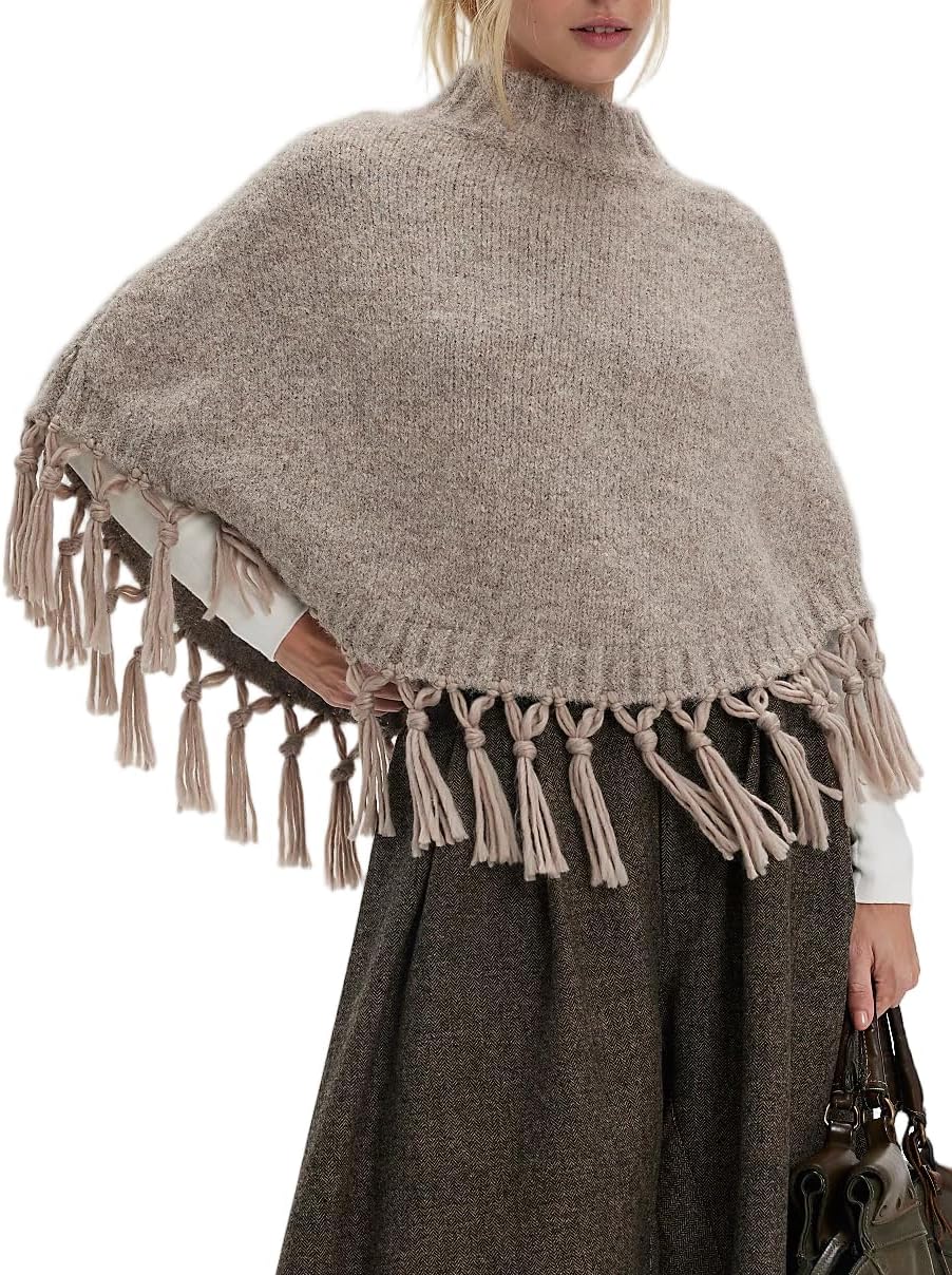 Women Fringe Knitted Poncho Sweater Y2k Mock Neck Asymmetrical Hem Cropped Tassel Shawl Fall Winter Cozy Wrap Sweater