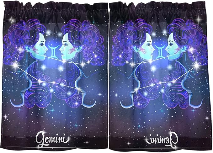 Vnurnrn Constellation Zodiac Sign Gemini Kitchen Curtains Tier Curtain Kitchen Drapes Rod Pocket for Bathroom, Cafe, Living Room, 2 Panels, 27