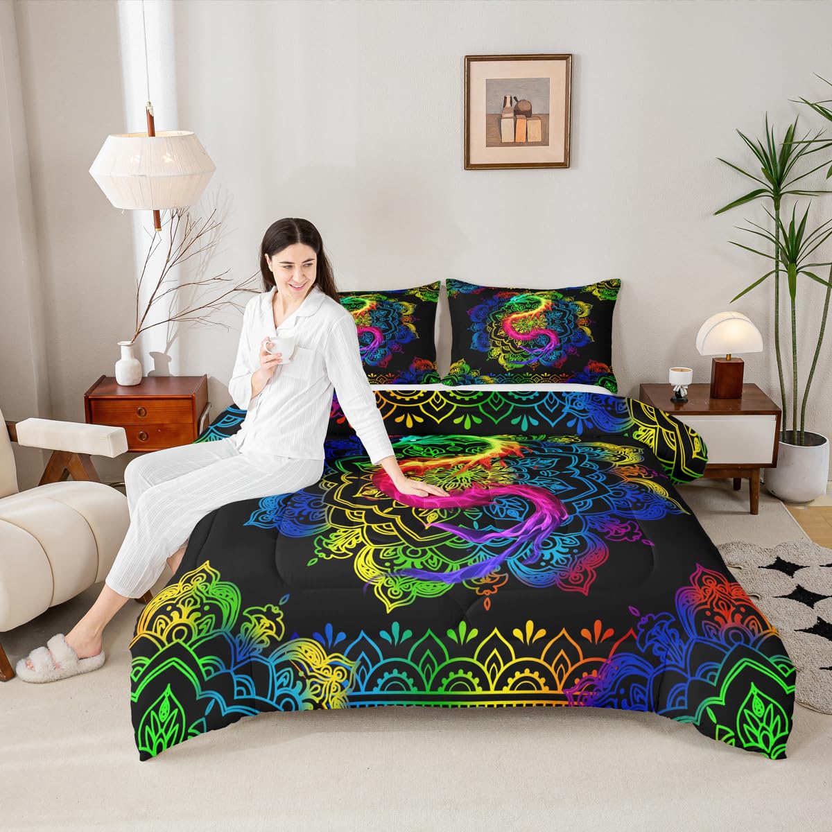 Watercolor Dragon Comforter Set Full Size,Rainbow Mandala Print Duvet Quilted,Bohemian Exotic Style and Animal Theme Bedding Comforters 3Pcs for Kids