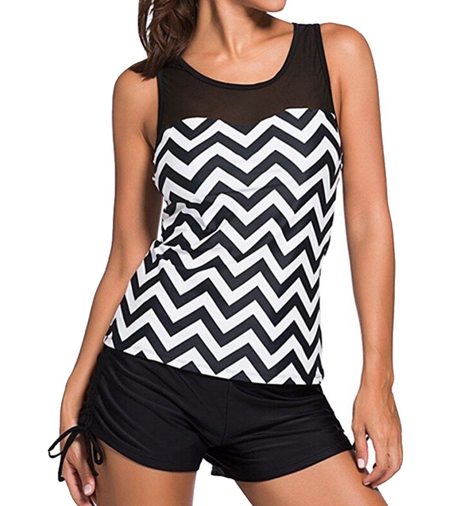 Women Wave Printed Tankini with Boyshort Bikini Set
