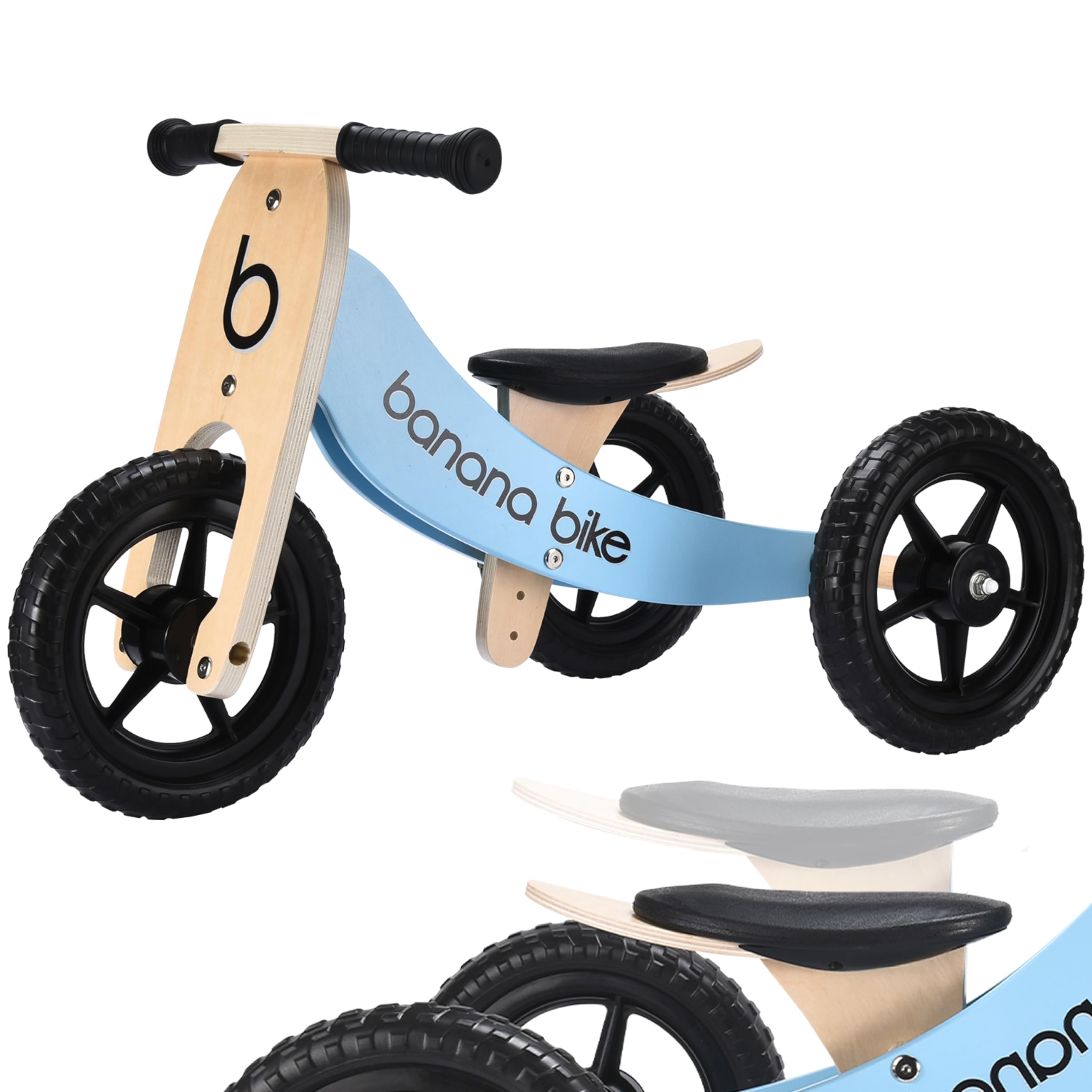 banana bike Toddler Wooden Balance Bike - No Pedals Tricycle - Puncture Proof Tires - Ergonomic and Durable - Smooth Grip Handles - Improves Coordination - Birthday Gift for Boys and Girls - Blue