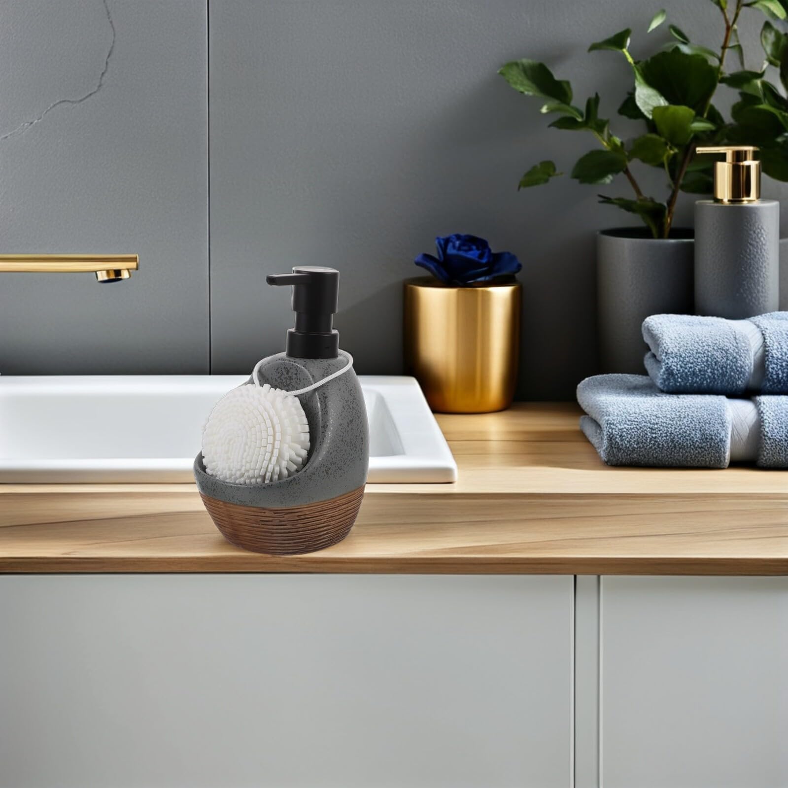 Dispensador de Jabón Líquido de Cerámica Gris, Bomba Dosificadora Antigoteo Recargable, Botella para Baño y Cocina con Organizador de Encimera para Gel Ducha y Champú