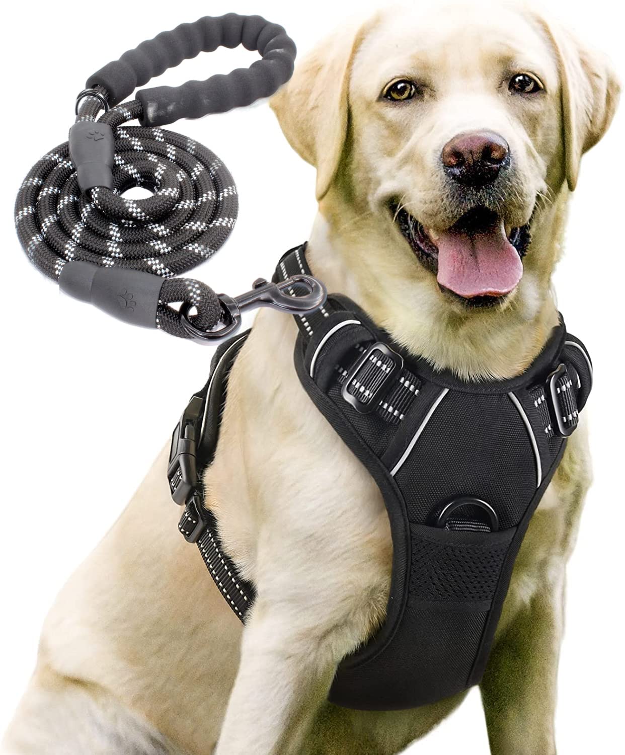 PawLites Dog Harness with Leash 5 Feet Mesh Breathable Adjustable Reflective Oxford Easy Control Comfortable. (Black, Large (18-26 Inch Girth))