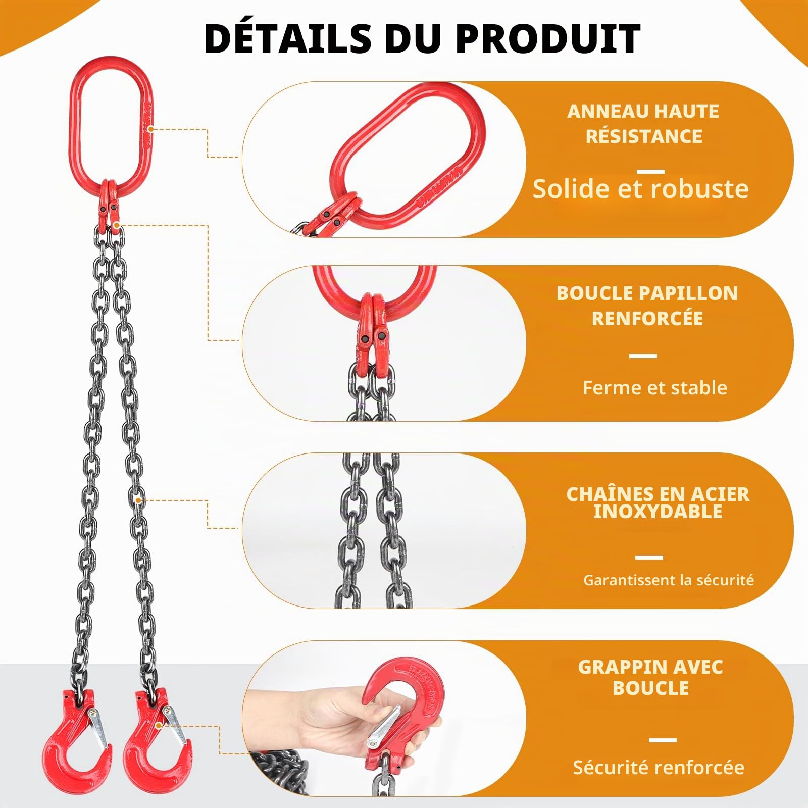 DBREAKS Élingue de Levage 2 Pieds pour Chariot Élévateur - Chaîne en Acier Allié 1m, 8mm, Capacité 2T