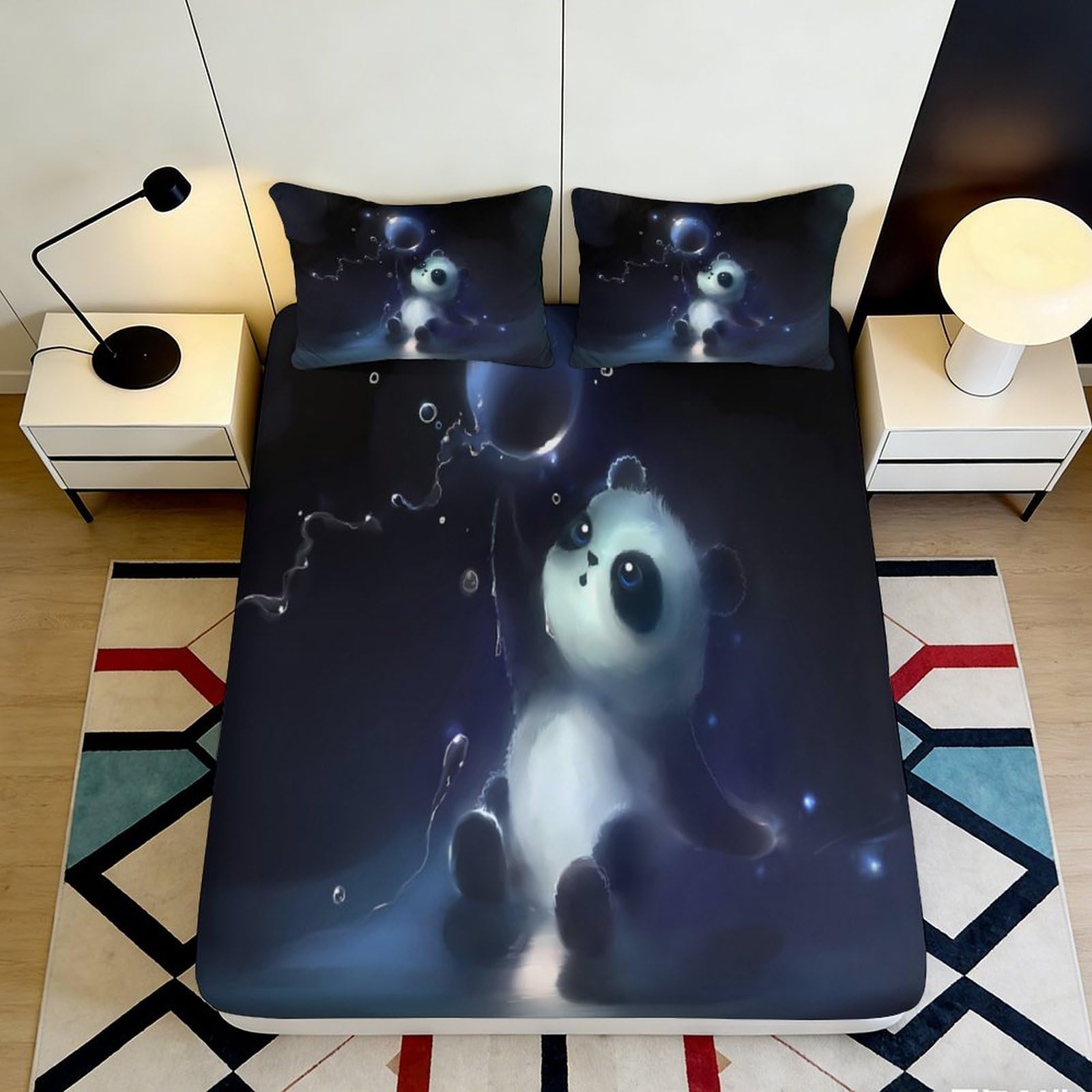 3D Printed Night Sky Panda Fitted Sheet Microfiber Soft Black Blue Bubble Bed Cover for Bedroom Dorm Mattress Decor 90x200x25cm