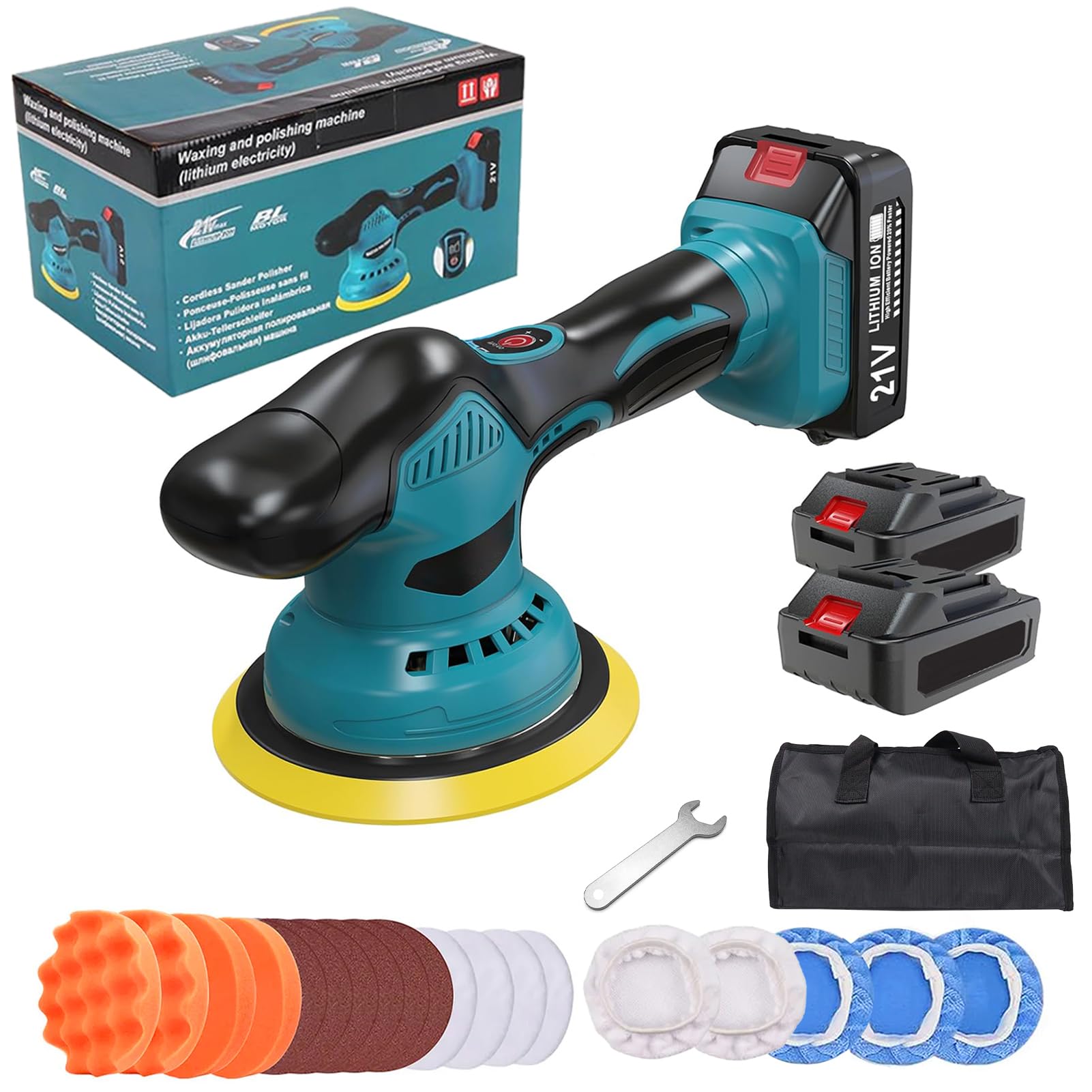 Lucidatrice Auto a Batteria, Lucidatrice Senza Fili con 2 Pezzi 21V 1.5A 1300mAh e 8 Velocità Variabile 5500RPM per la Pulizia, Lucidatura e Rimozione della Cera dell'Auto