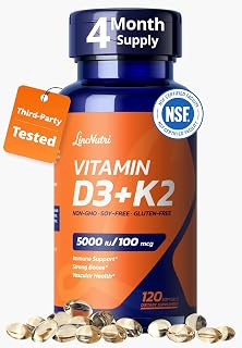 Vitamin D3 K2 5000IU, MK-7 100mcg - Third Party Tested, 120 Softgels, Non-GMO, Keto - Easy to Swallow for Bone & Heart Health - Gluten, Soy, Dairy & Egg Free, 4-Month Supply - Amazon product rated Grade B