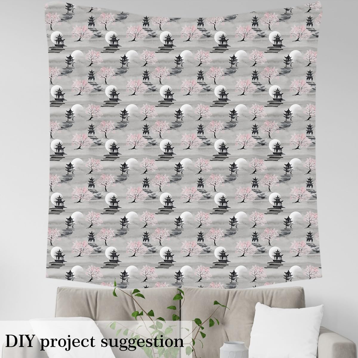 Japanese Telas al metro, Silla de tela flor de cerezo exótico 184x150cm, oriental Pagoda Sakura Sofá Telas para la decoración del hogar y proyectos de bricolaje para el hogar, gris rosa