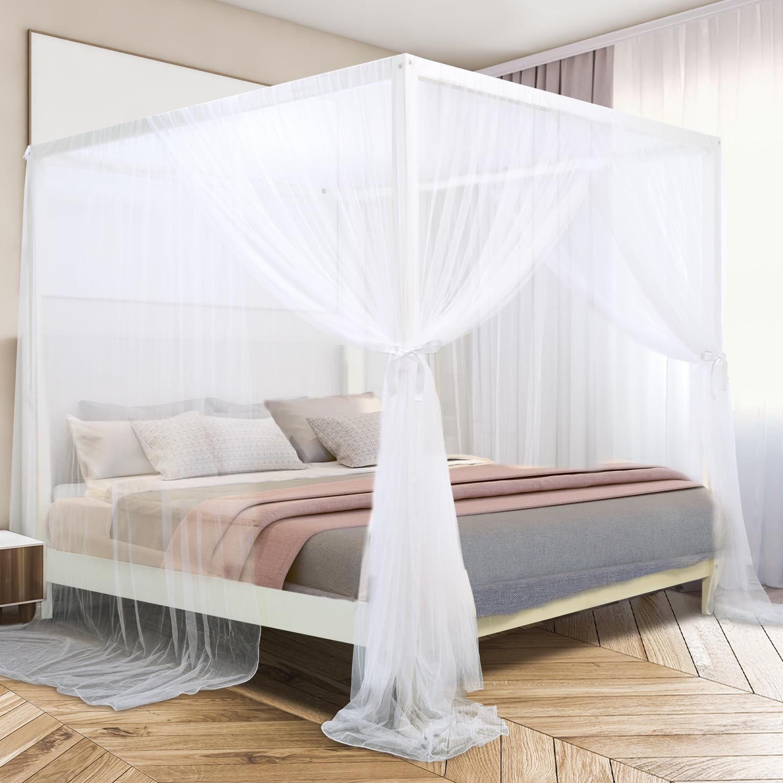 South to East Canopy Bed Curtains for King/Queen Size Bed, White | 4 Corner Post Bed Canopy for Girls & Adults, Top Luxurious Bed Drapes for Bedroom Decoration and Outdoor Use, Easy Install