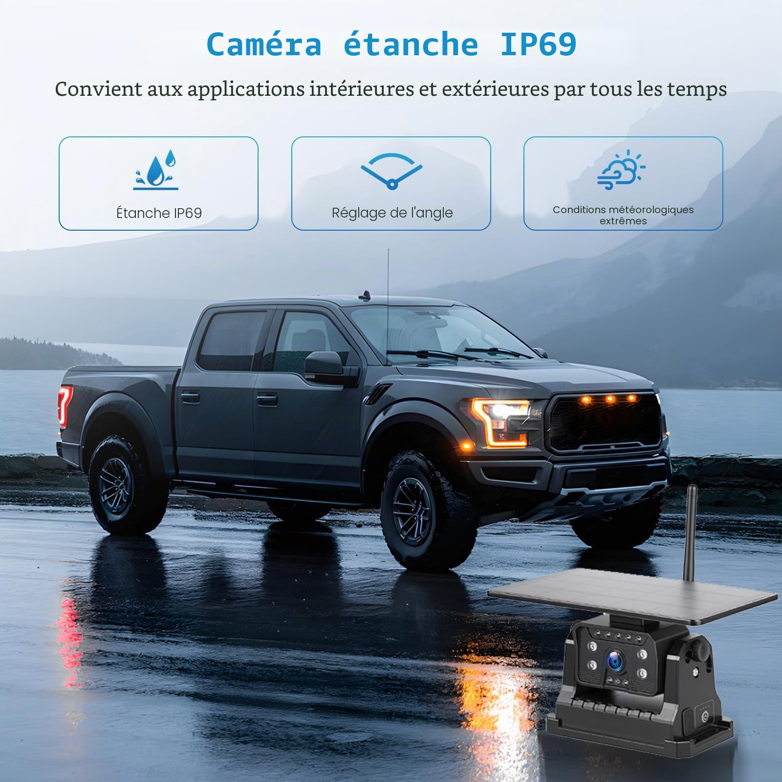Hikity Écran IPS 7", Kit Caméra Recul Solaire sans Fil pour Véhicules, Caméra Magnétique IP69 Grand Angle Aide Stationnement