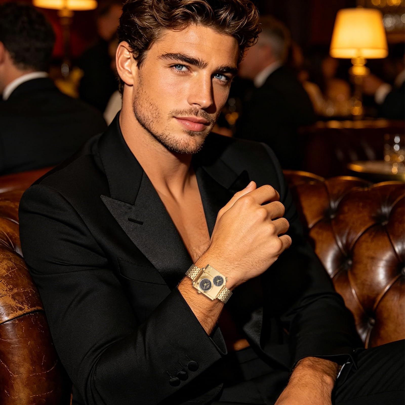 OIDEA - Reloj para hombre, cuadrado, cuarzo, caja dorada, pulsera de acero inoxidable, extraíble, esfera negra, doble esfera de dos zonas horarias, gran reloj, regalo para hombre