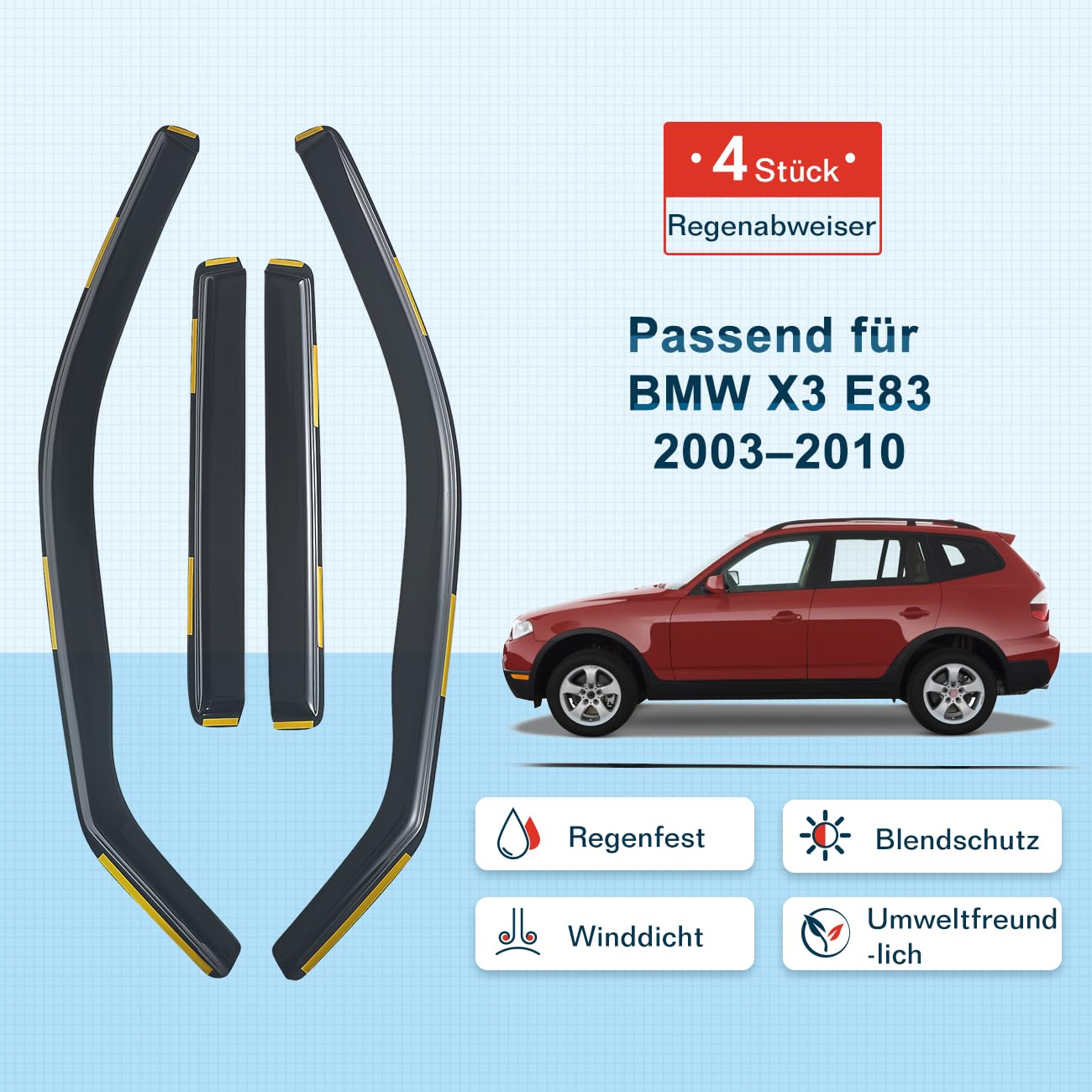 Windabweiser Regenabweiser kompatibel mit BMW X3 E83 2003-2010, Selbstklebend Tape-On Autofenster Regenschutz Regenabweiser Deflektoren, 4-TLG Set, Rauchgrau, Vorne,Aerodynamisch