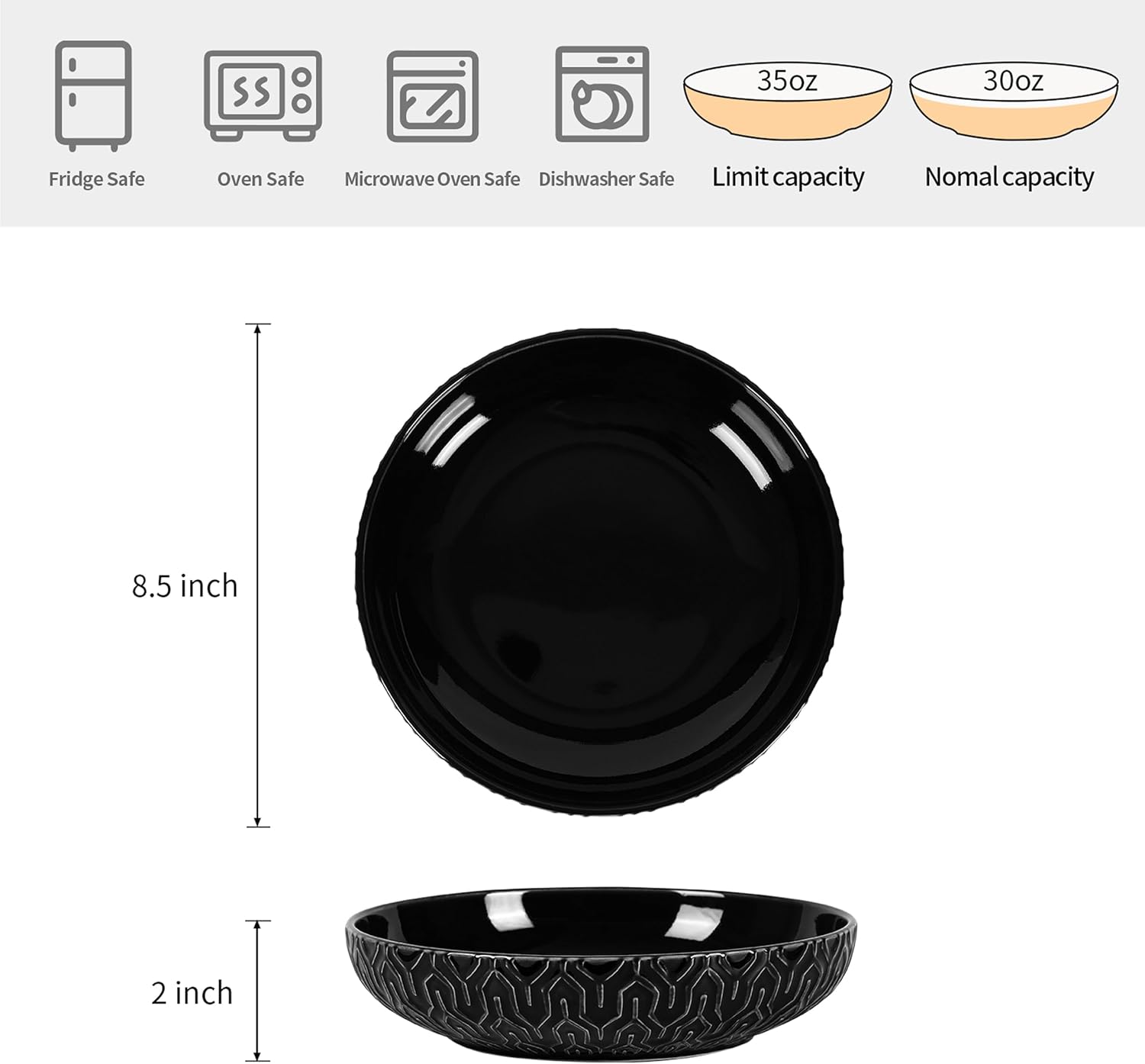 Sureasy Pasta Bowls Set of 4-30oz Large Embossed Salad Bowls, 8.5 Inch Wide and Shallow Plate Bowls, Salad Bowl, Microwave, Oven & Dishwasher Safe, Black - Image 3