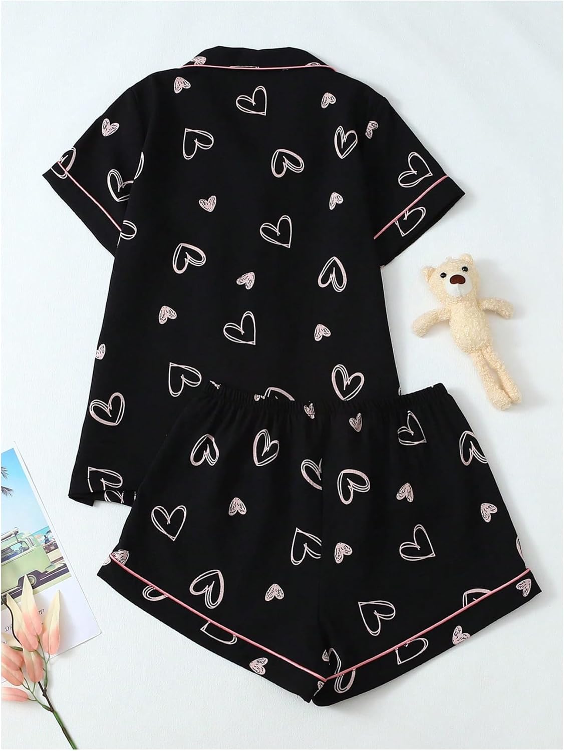 SOLY HUX Women's Pajama Set Cute Heart Print Sleepwear Short Sleeve Button Down Shirt and Shorts Sets - Image 2