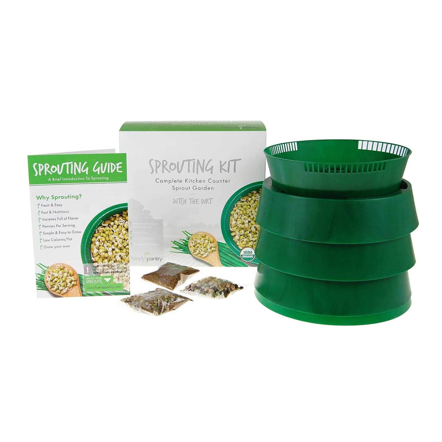 Handy Pantry Complete Sprout Garden Kit with Bonus 8 oz Organic Sunflower Seeds (3-tray Sprouter, 4 Lids/Base, 3 additional Organic Seed Packages) - BPA Free Stackable Sprouting System