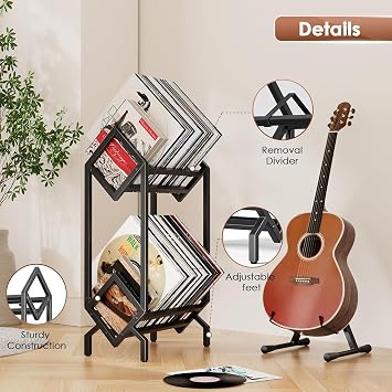 Vinyl Record Storage Holder CD Rack 12 inches Album Holder Metal CD Display Stand Holds up to 160-200 LP, Book and Record Album Storage and Organizer,Easy to Assemble (Double)