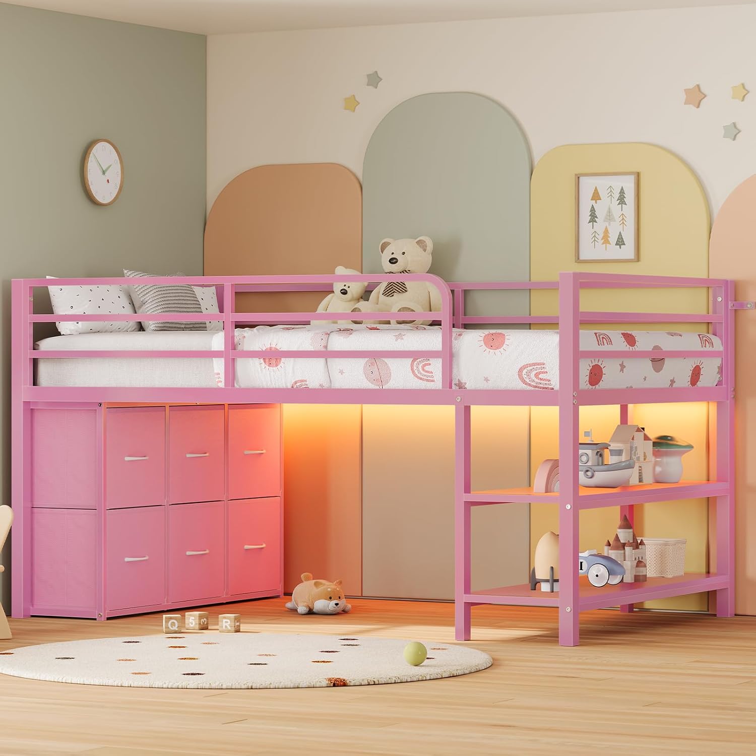 ADORNEVE Low Loft Bed Twin Size with 6 Storage Drawers, Twin Loft Bed with LED Lights, Metal Kids Loft Bed with Open Storage Shelves, Twin Bed Frame with 15" H Safety Guardrail for Kids, Pink
