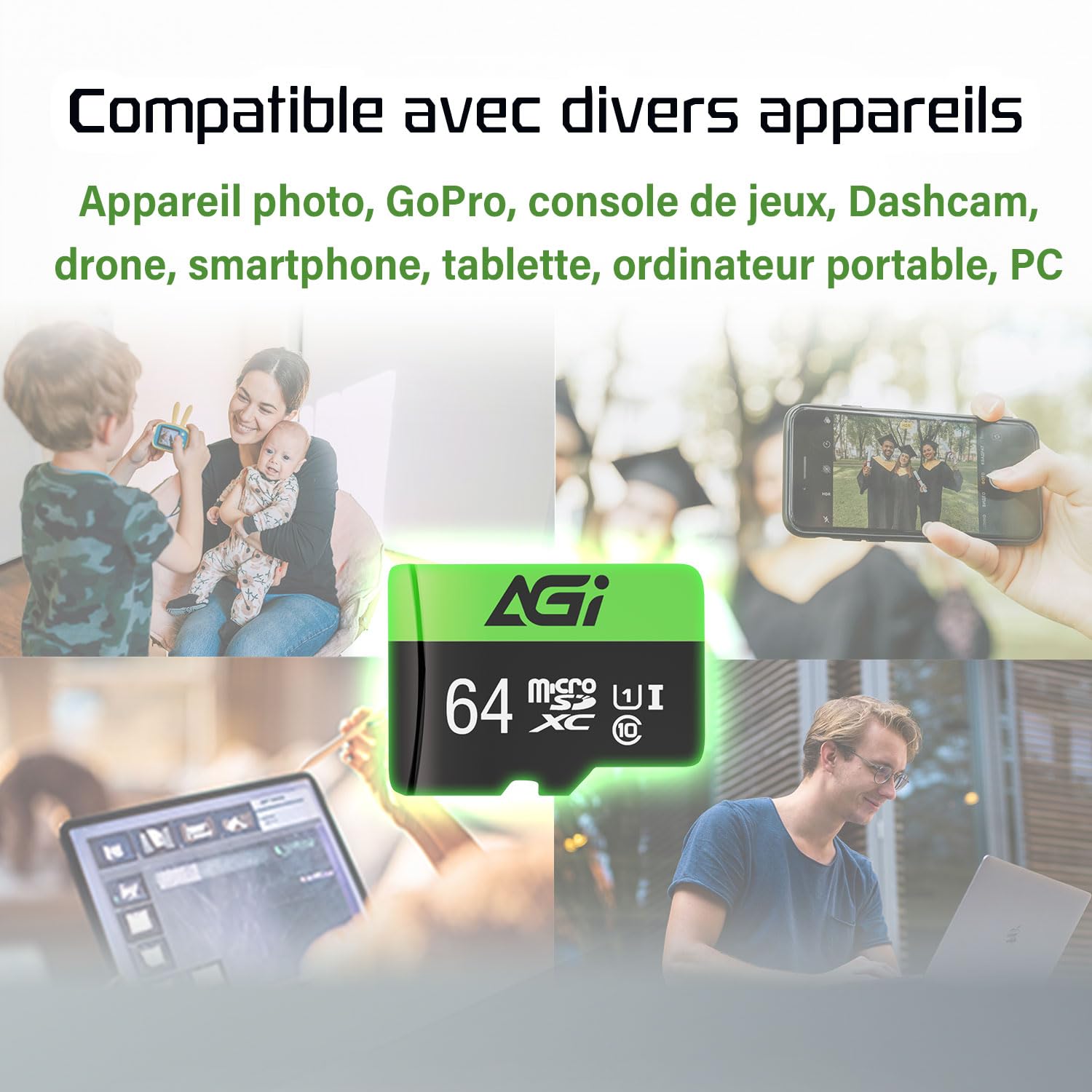 AGI TF138 Carte Micro SD MicroSDXC 64 Go avec Adaptateur SD Lecteur de Carte Type C USB 2.0 OTG