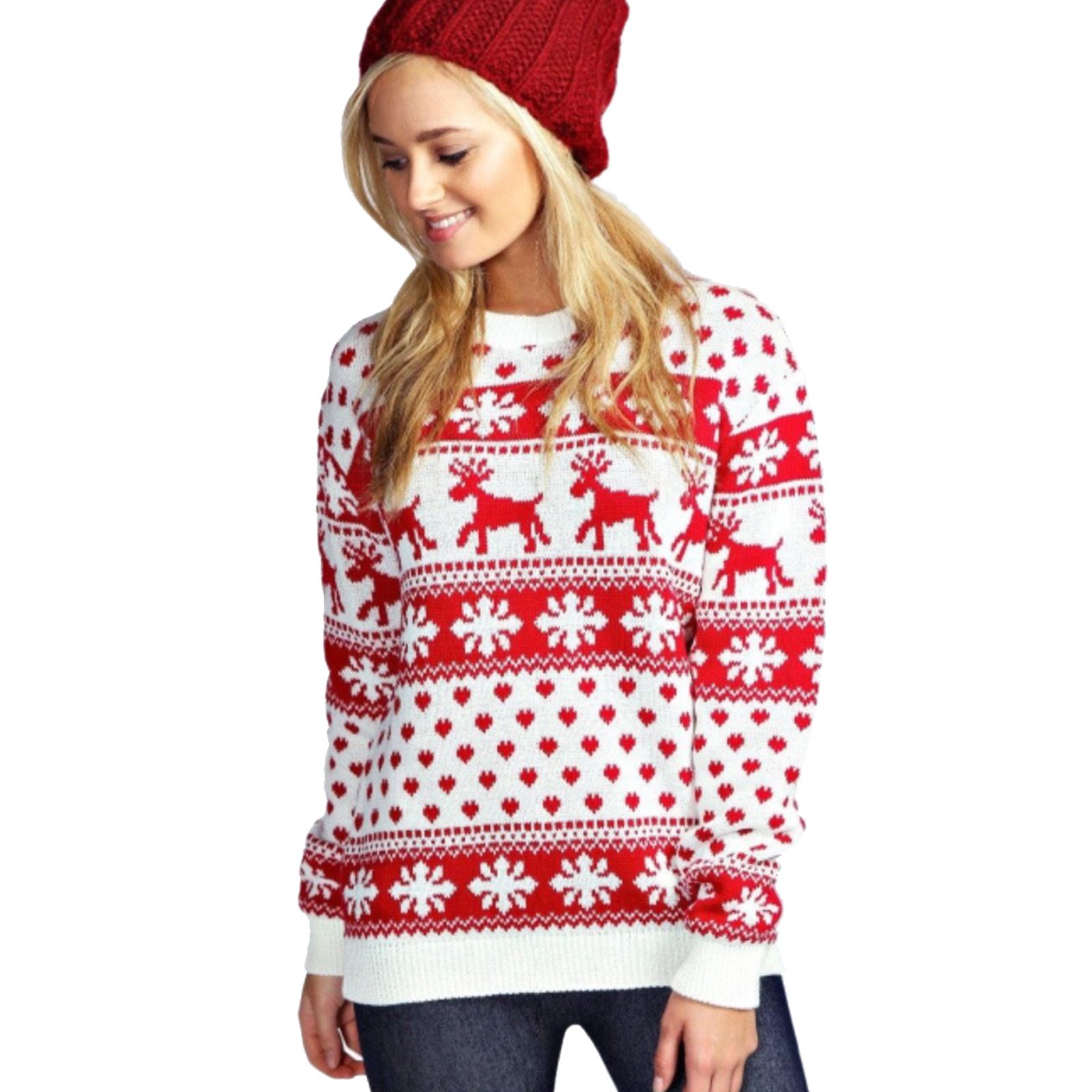 Sufiah Women's White Christmas Jumper Reindeer Snowflake Knitted Xmas Festive Warm Sweater Top (M-L)