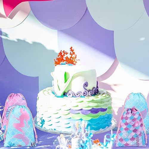 Miniatura 5 de Clabby 12 mochilas con cordón de sirena a granel, bolsas de regalo de dulces, bolsas de regalo para fiestas de cumpleaños, escamas de pescado bajo