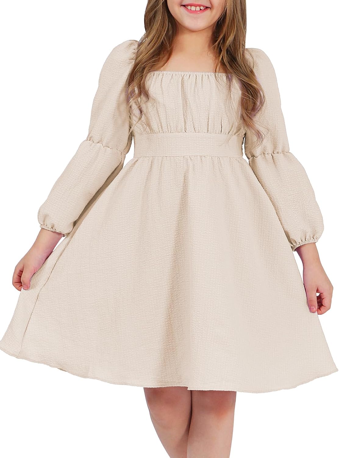 Amazon.com: EXLURA Casual Long Puff Sleeve Girls Dresses Square Neck A