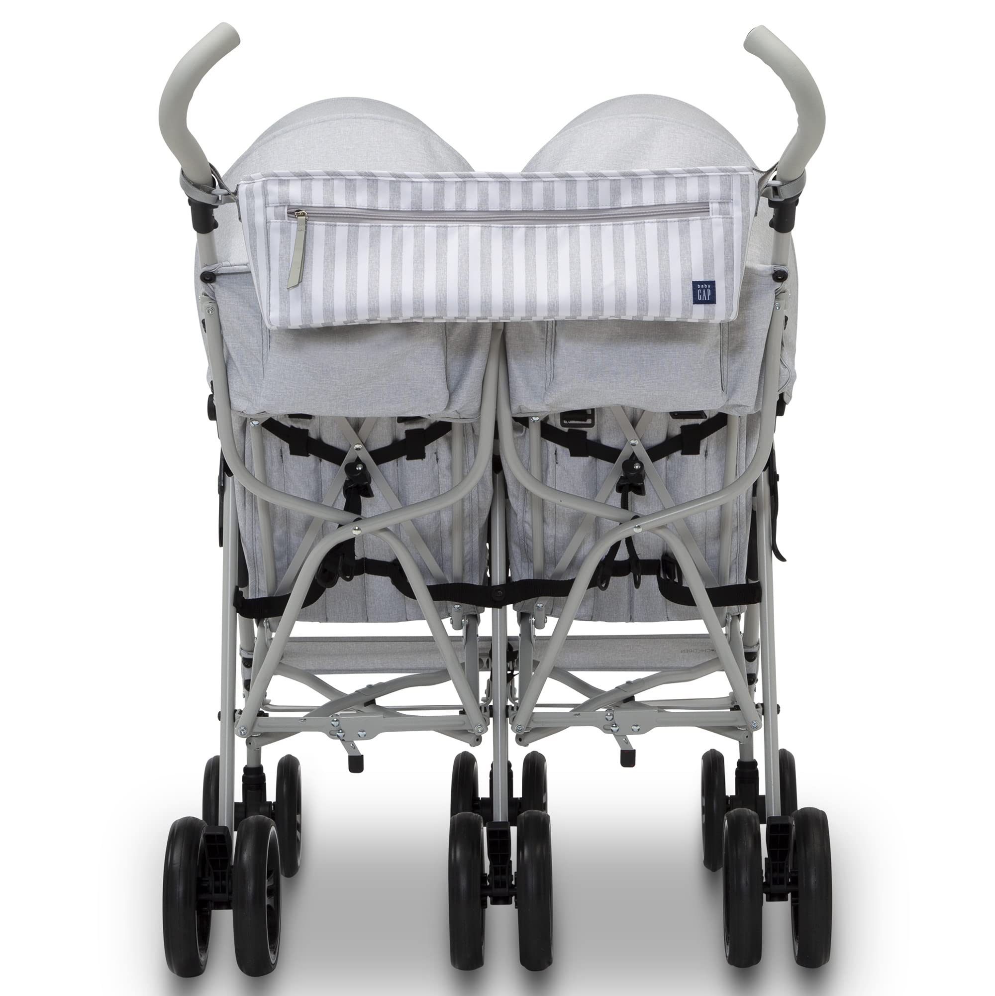 babyGap Classic Side-by-Side Double Stroller - Lightweight Double Stroller with Recline, Extendable Sun Visors & Compact Fold - Made with Sustainable Materials, Grey Stripes