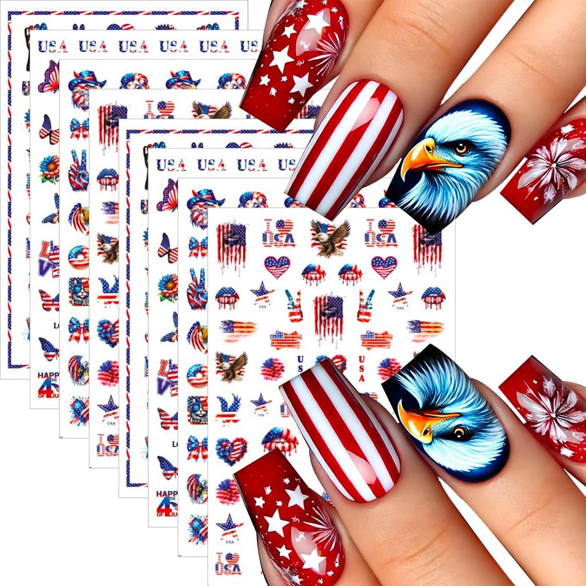 8Pcs 4th of July Nail Art Stickers Decals Red Blue White American Flag 3D Self-Adhesive Nail Decals Bald Eagle Lion Bow Heart Designs Independence Day Nail Decorations DIY Nail Supplies for Women