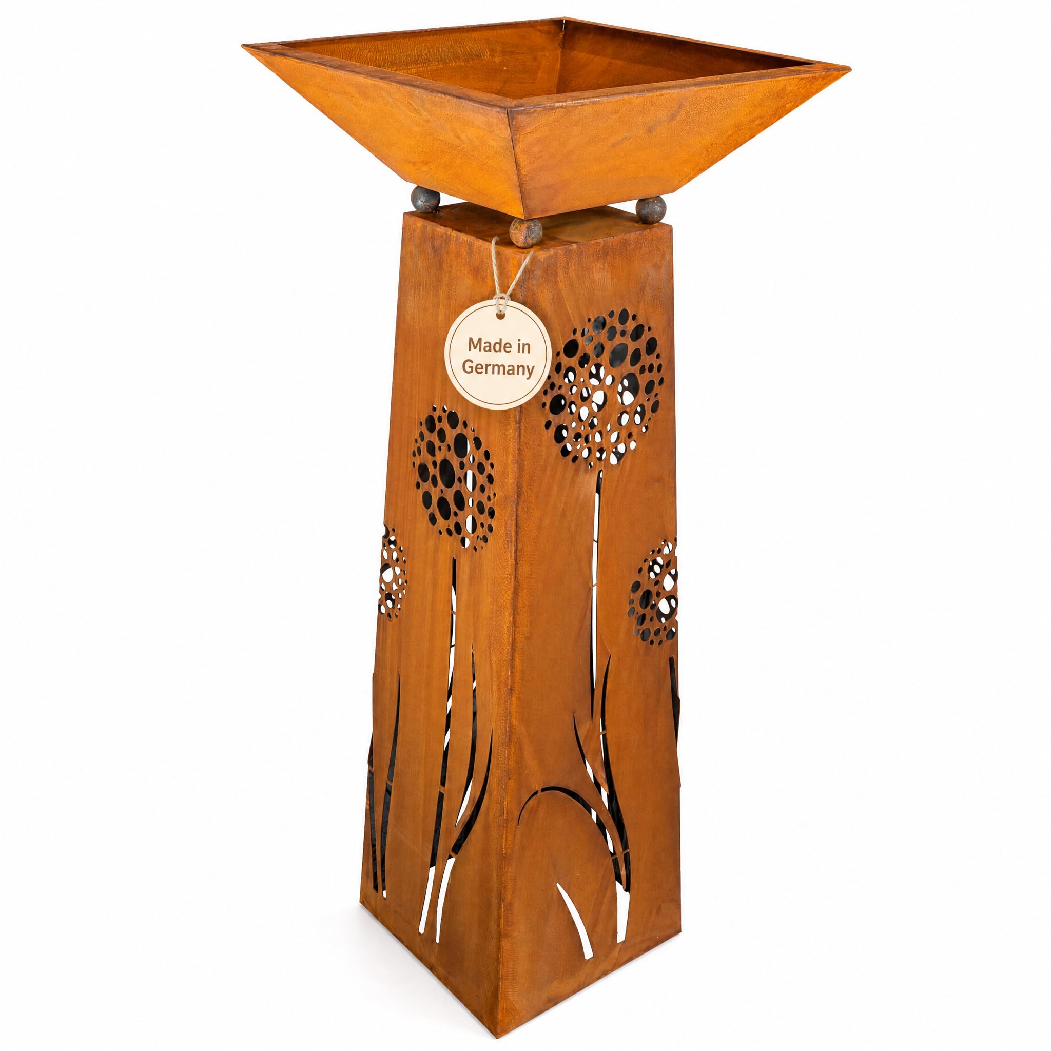 Rostikal Edelrost Pflanzsäule mit Schale 120 cm – Rostige Gartendeko mit Pusteblumen-Motiv – Handgefertigter Blumenständer mit eckiger Pflanzschale 50 x 50 cm - wetterfester Cortenstahl