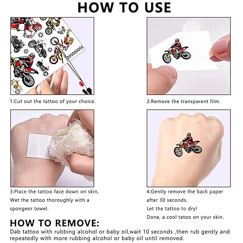 Miniatura 6 de 8 hojas de tatuajes temporales de motocross para niños, motocross, suministros de fiesta de cumpleaños, decoraciones de fiesta de motocross,