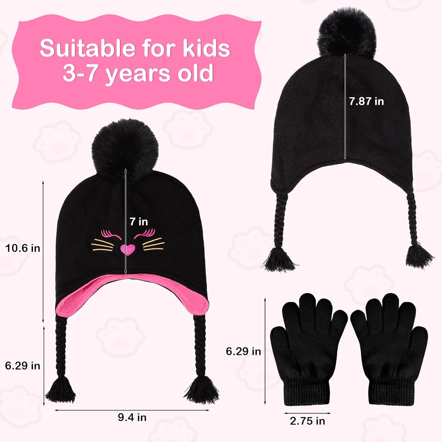 Toddler Girls Earflap Winter Hat and Gloves Set Kids Cat Beanie Fleece Lining Pom Pom Skiing Knit Caps Gift for Ages 3-7 - Image 5