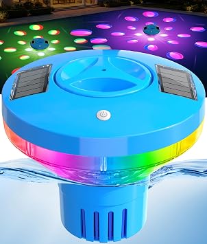 RovPool Chlorine Floater, Large Capacity Pool Chlorine Floaters for 5 * 3'' Chlorine Tabs, Solar Chlorine Floater with Lights, Adjustable Flow Floating Chlorine Dispenser for Pool, Hot Tub, Blue