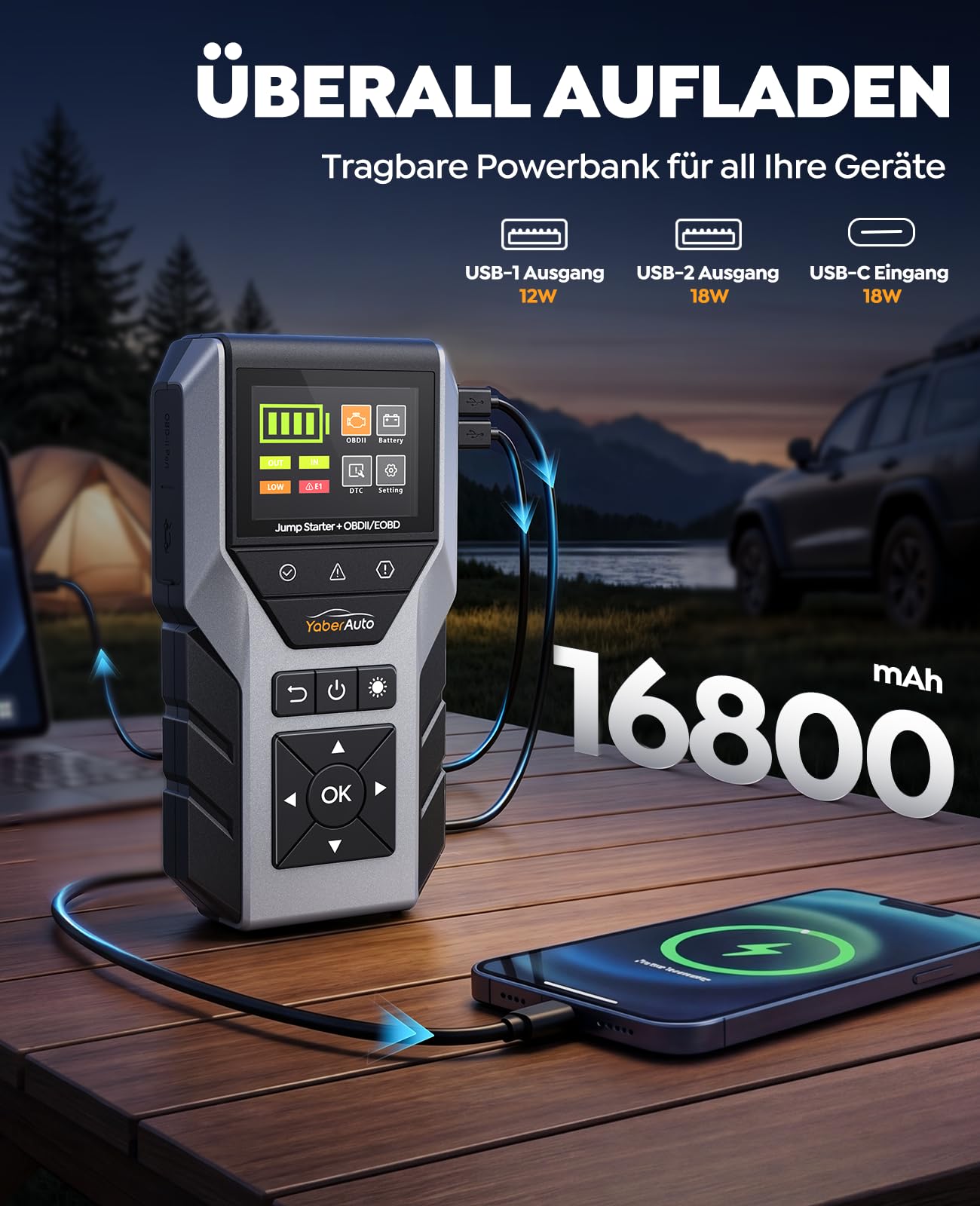 YaberAuto Starthilfe Powerbank für Pkw mit OBD2 Diagnosegerät ＆ Autobatterie Tester, 7000A Starthilfe Powerbank für All Benzin/10,0L Diesel, 16800mAh Starter Powerbank mit Starthilfekabel, LED-Licht