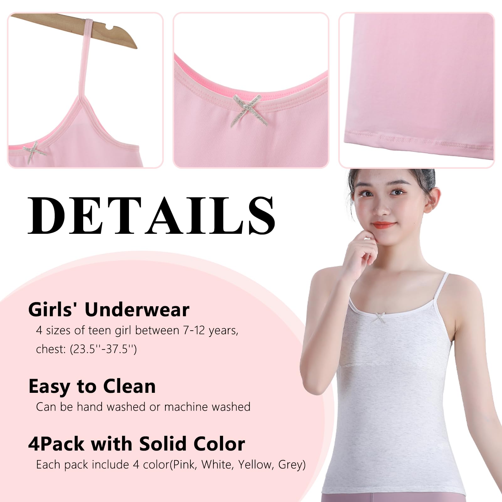 7-12 Jahre Mädchen Unterhemd mit leichten Polstern Teenager-Mädchen-Camisole aus Baumwolle Tanktops Trainings BHS Unterhemden 4Pack