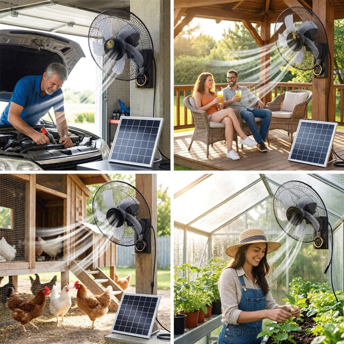 Genérico Ventilador Oscilante de Pared de 40cm para Patios, Ventilador Solar con 5 Aspas, 3 Velocidades, Ventiladores Solares para Exteriores para el Hogar, Invernadero, Garaje, Dormitorio, Camping.