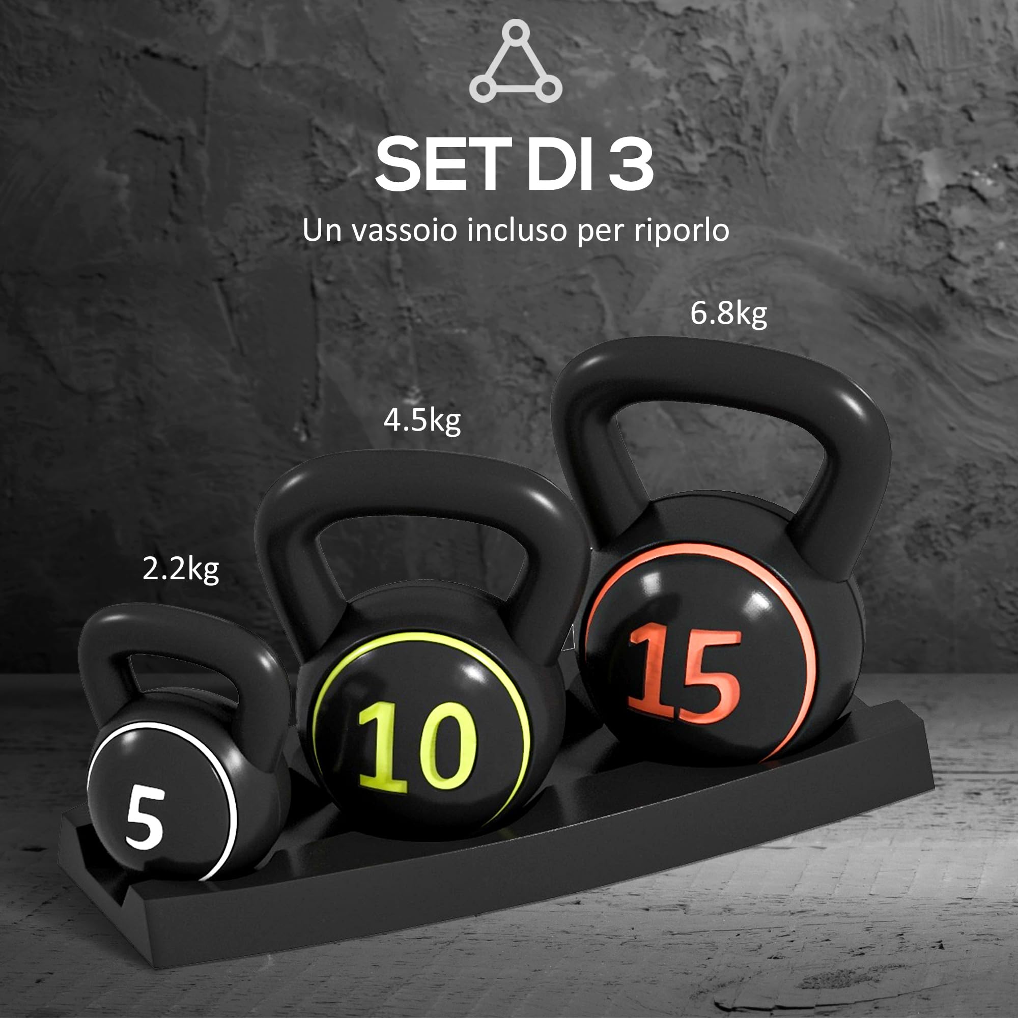 SPORTNOW Set 3 Kettlebell con Manico Liscio Base Piatta e Portapesi, Pesi da Palestra in Plastica e Sabbia, 2.2 kg 4.5 kg 6.8 kg (5lbs 10lbs 15lbs), Nero