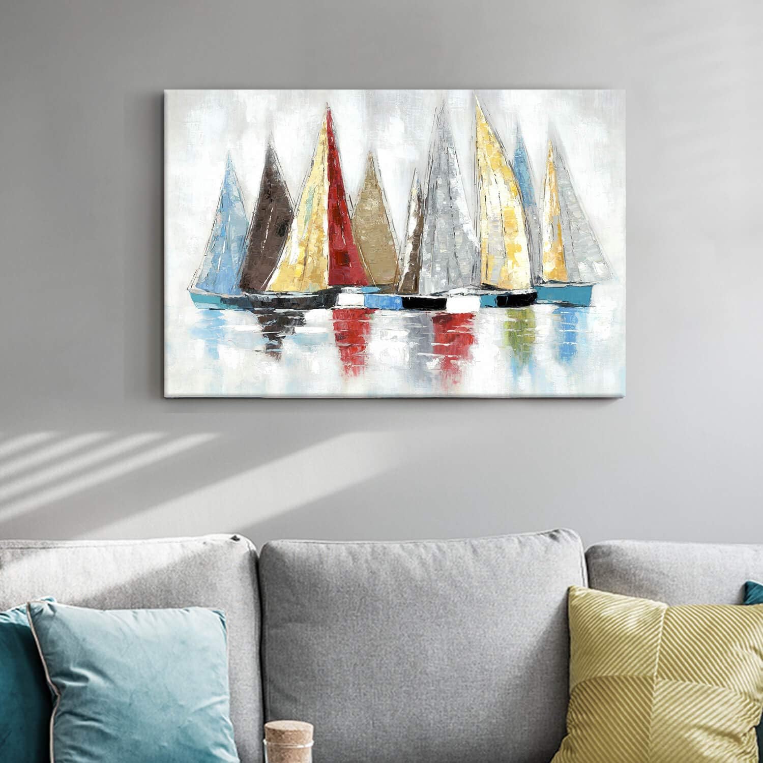 Abstract Sailboat Canvas Wall Art: Colorful Boat Painting Quiet Seascape Artwork Painting for Living Room(36'' x 24'' x 1 Panel)