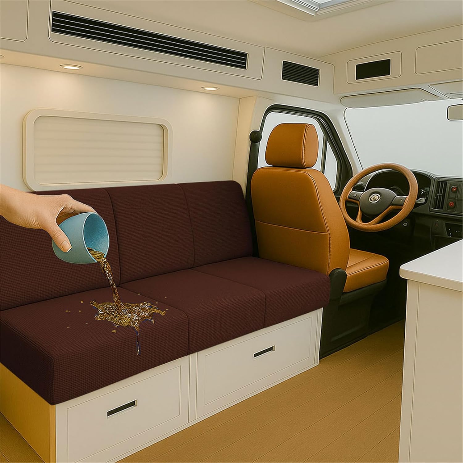 Stretch RV Cushion Seat Covers Waterproof for Caravan Bench Dinette, Jacquard Sofa Seat Protector with 2 Elastic Straps Multi Size Fitted Slipcover for Camper Indoor (Green,L150-190cm W 65-95cm)