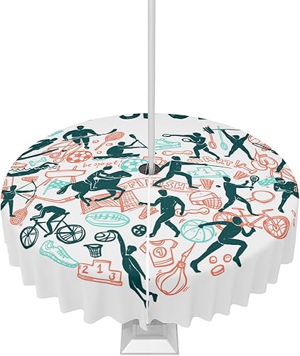 Miniatura 1 de IDOWMAT Outdoor Tablecloth with Umbrella Hole and Zipper - 60" Round Table Cloth - Waterproof Washable I Love Sport Healthy Exercise Table Cover