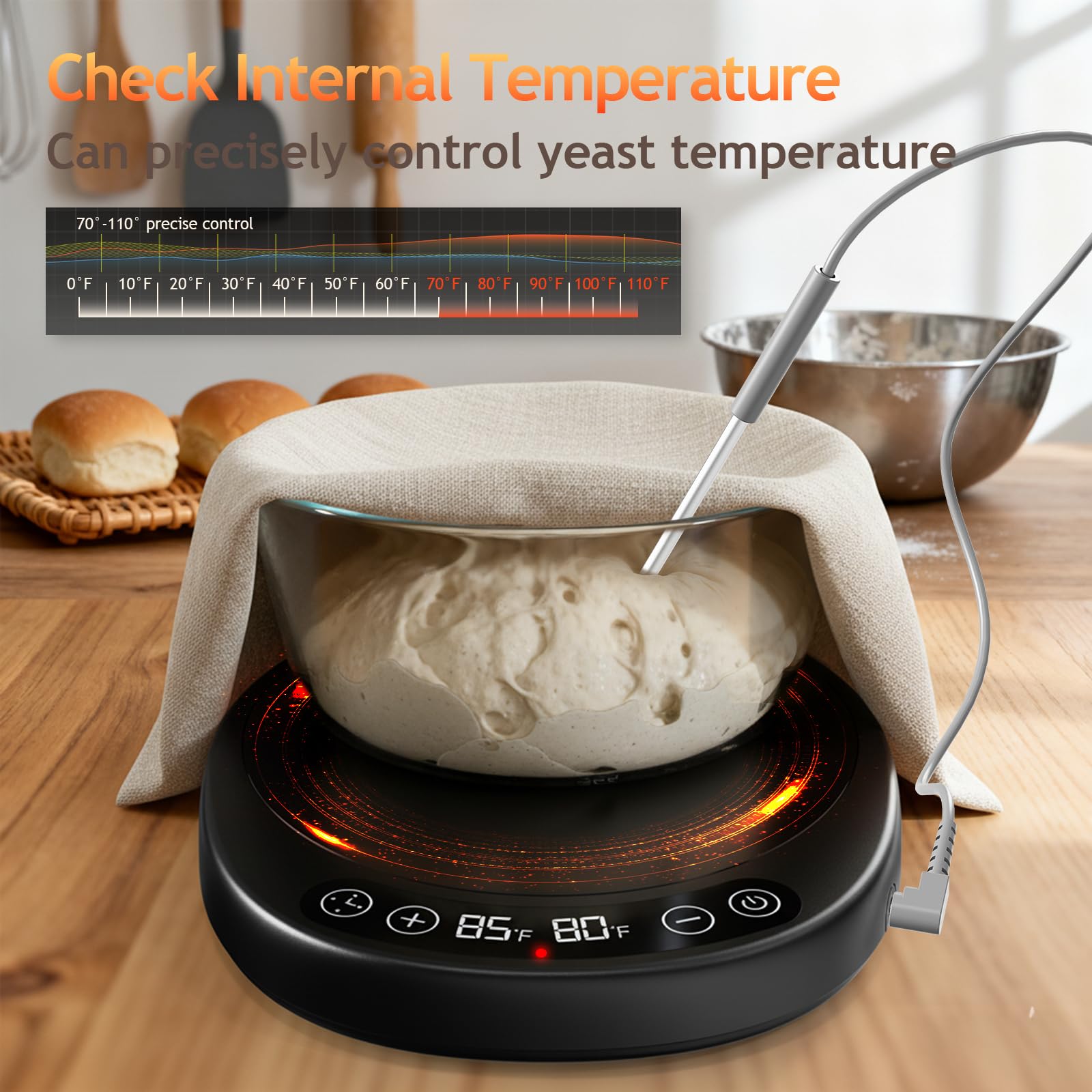 SourKeeper Plus grand chauffe-levain Pro – Plaque chauffante plus grande mise à niveau 2026, sonde de température de la pâte, contrôle de -17,2 °C (21,1 à 43,3 °C), minuterie 24 heures, surveillance