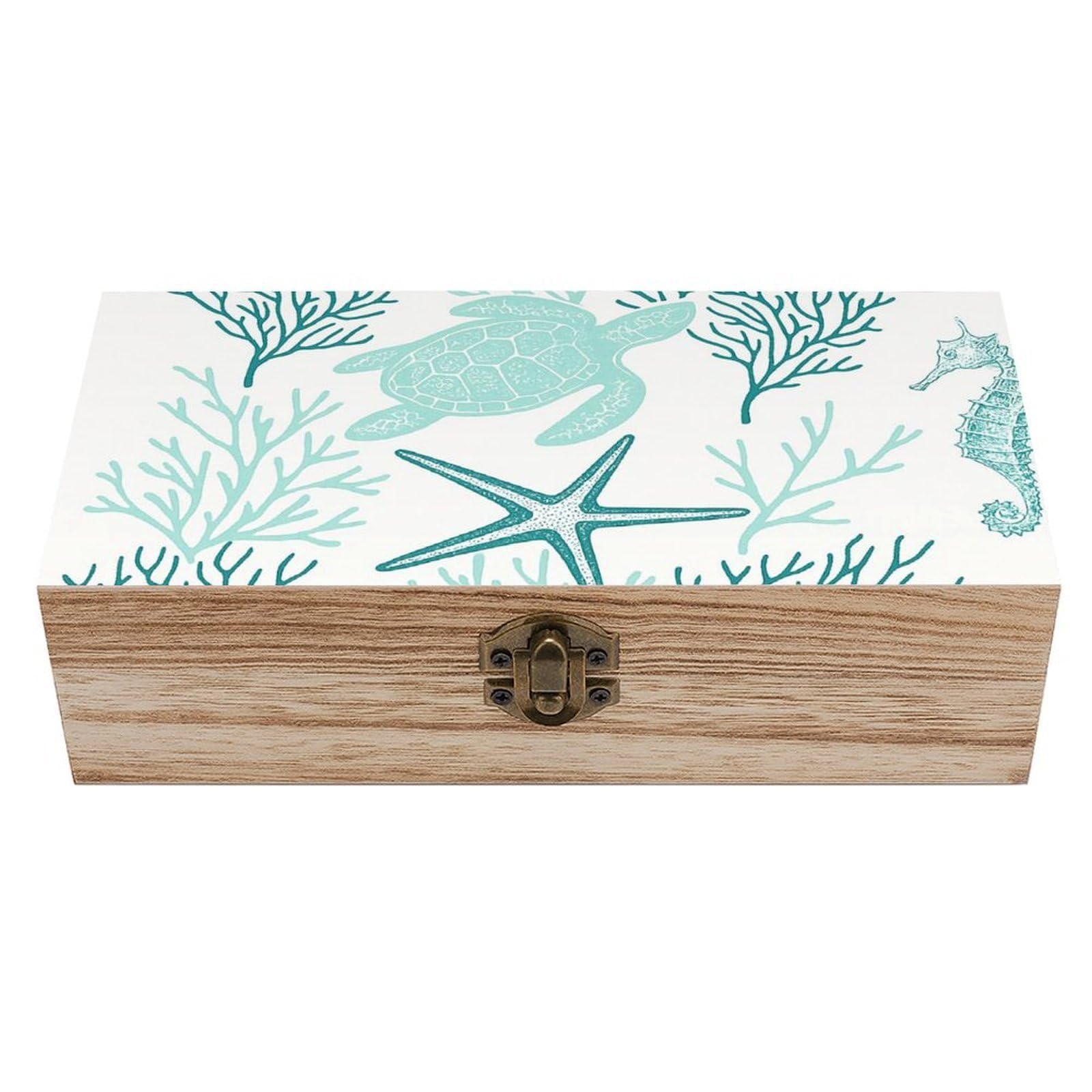 SMAZDFXX Turquoise Sea Turtle And Coral Wooden Storage Box Multipurpose Decorative Box for Jewelry Photo Home Decor