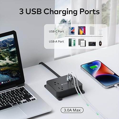 Miniatura 6 de TROND Cable de extensión de 15 pies de largo, regleta de alimentación de enchufe plano con 3 salidas de CA, 2 puertos USB-A, 1 puerto USB-C,