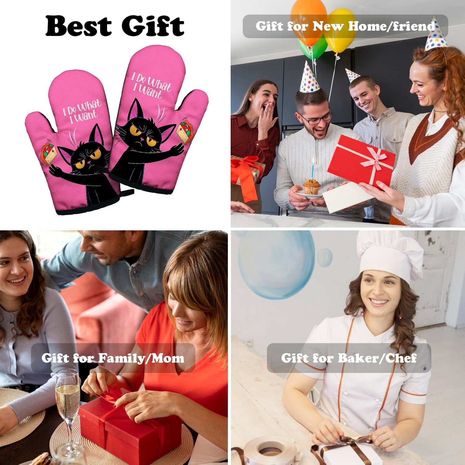 Humor Black Cat Cooking and Baking BBQ Kitchen Gadgets with Heat Resistant Silicone Non-Slip, I do What I Want Oven Mitts Set of 2, Gifts for Cat Lover Hostess Mom Aunt Wife Sister BFF Colleague - Image 6