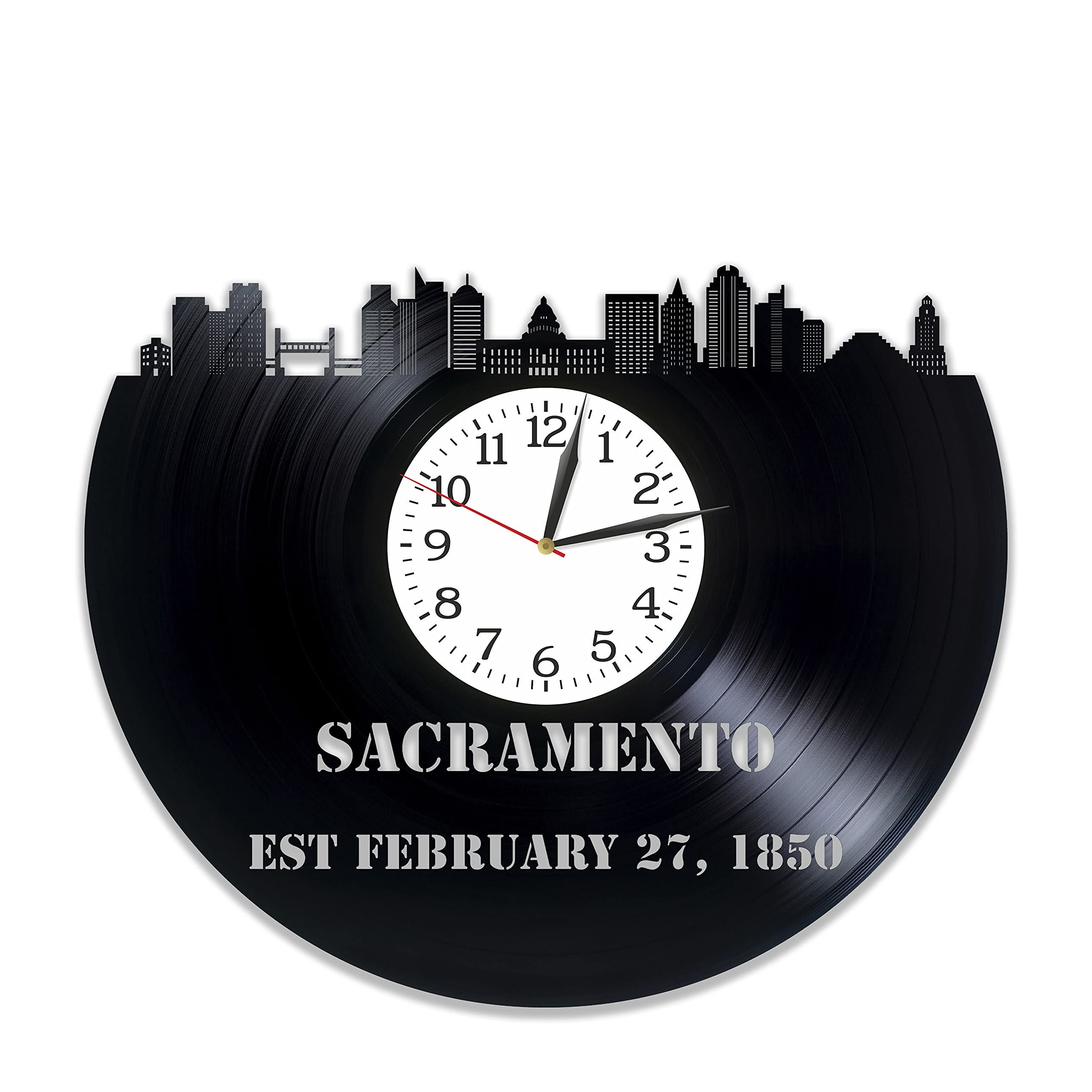 Sacramento California United States Vinyl Record Wall Clock 12 Inch City Skylines Buildings Silhouette Modern Handmade Artworks Wall Decor for Home Christmas Gift for Family