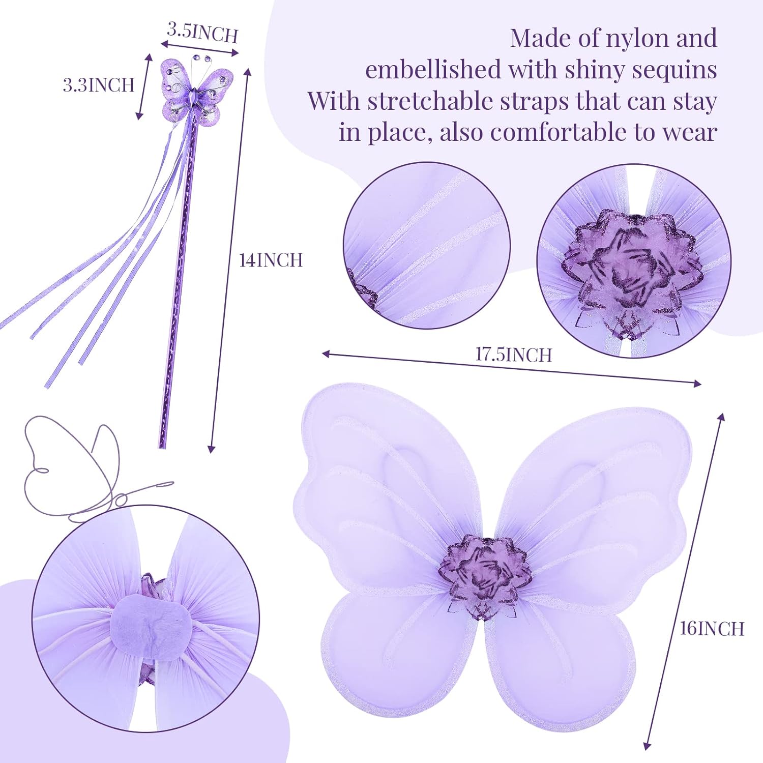 Fairy Princess Costume Set, Include Headband, Butterfly Fairy Wing, Tutu Skirt, Butterfly Wand for 2-12 Years Girls, Birthday - Image 3