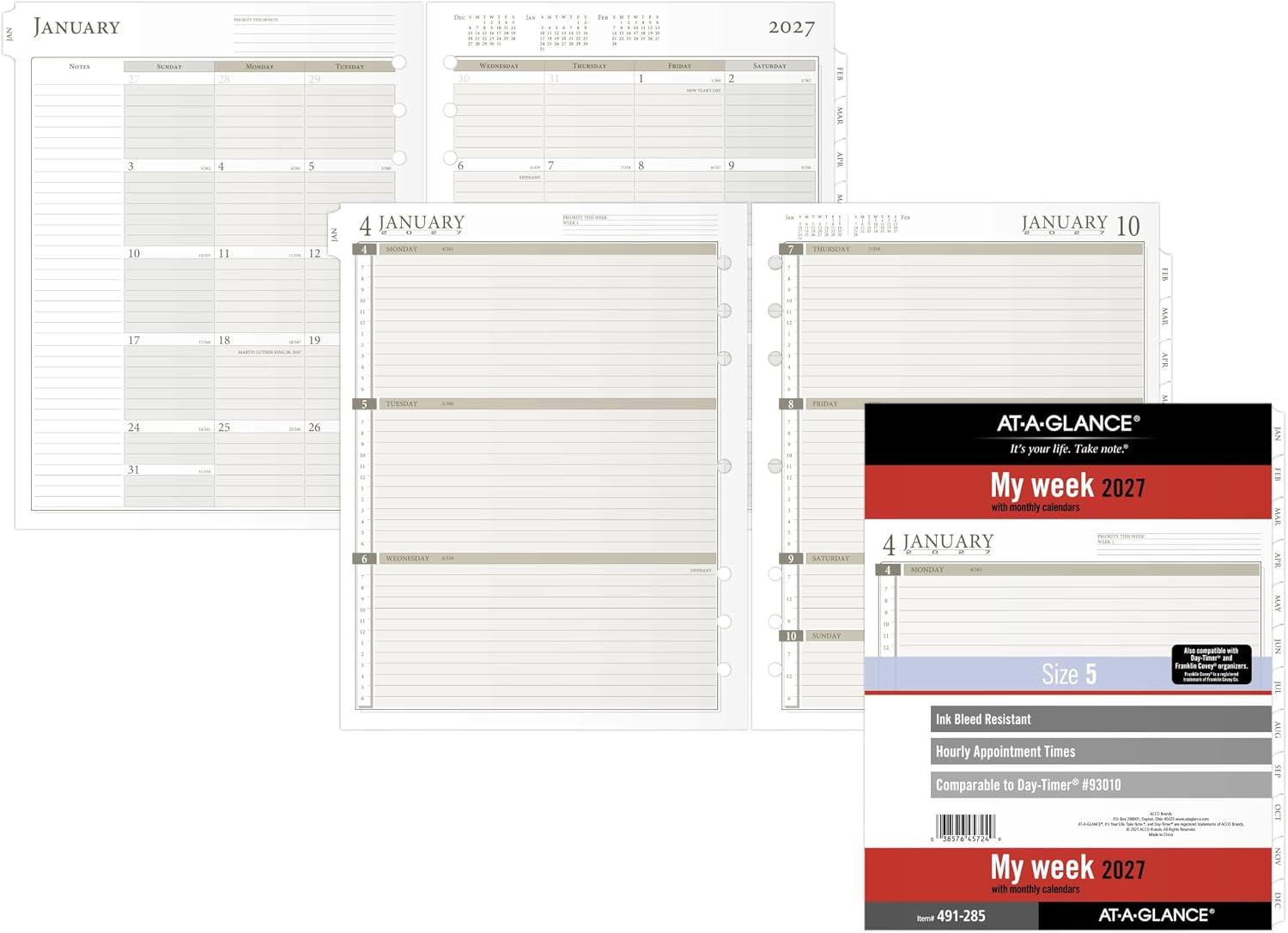 AT-A-GLANCE 2027 Planner Refill, Weekly, 8.5" x 11", Folio Size 5, Tabbed, 7-Ring Loose-Leaf (491-285-27)