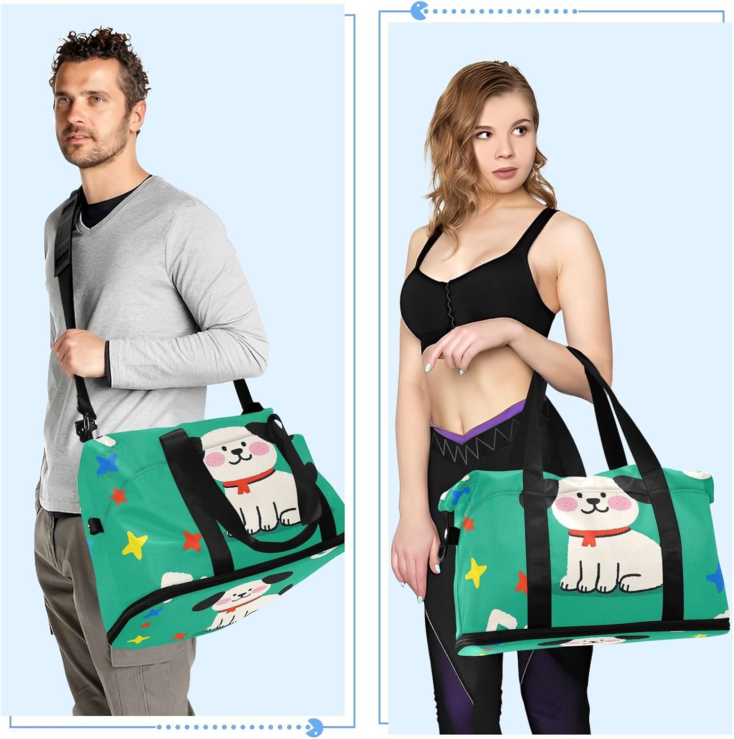 Fighting Cartoon Cute White Dog Tote Bag Gym Bag with Toiletry Bag for Travel Waterproof