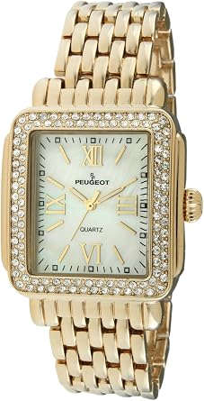 Peugeot Women Rectangle Dress Watch with Crystal Decorated Bezel, Roman Numerals and Bracelet