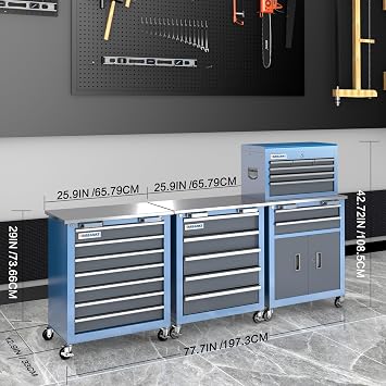 LARBANKE 3 Different Types Tool Chest Combination,Rolling Tool Chest with Stainless Countertop,Tool Cabinet with Connection Buckle,Wheels and Foot Pads,Portable Tool Box Inside