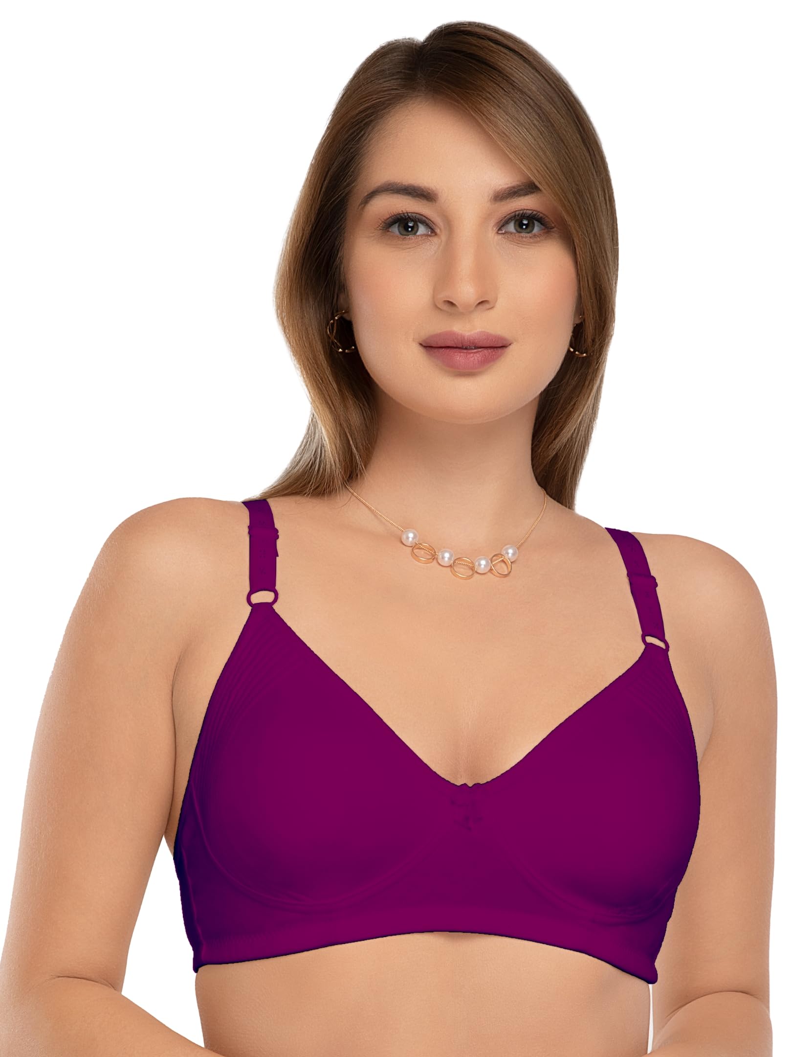 daisy dee Women's Cotton Lightly Padded Wirefree Full Coverage Everyday Bras Seamless T-Shirt Bra for Women's (L.Wine_34C) Purple-picture-14